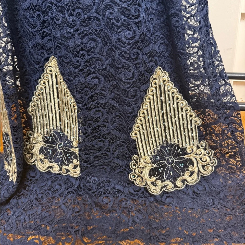 Arabian Embroidered Navy Dress with Gold Accents with belt fits L/XL with Stretc - Picture 8 of 11